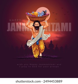 indiandahi handi festival of happy shree krishna janmashtami. father Vasudev carrying on his head baby Krishna in a basket. abstract vector illustration design.