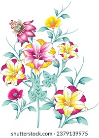 Indian-Pakistani-Turkis-Digital Design background with colorful objects and flowers-digital-textile-design-flowers-leaves