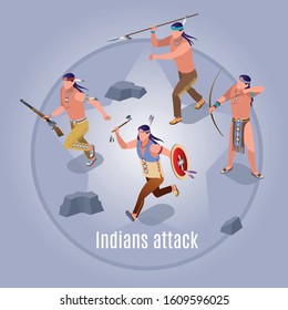 Indians attack Wild West american history Illustration isometric icons on isolated background