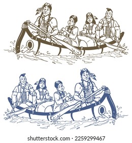 Indians In Canoe Vector Illustration. Native Indian American Rowing On Wooden Kayak Boat In The River