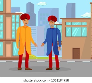 Indians Conversation Color Vector Illustration. Old Man and Young Guy in Traditional Clothing Cartoon Characters. Cheerful Father and Son in Turban. Asian People, Father Day, Parenthood