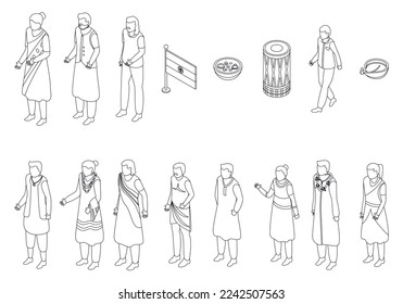 Los íconos indios se ponen. Conjunto isométrico de iconos vectoriales indios para el diseño web aislados en el contorno de fondo blanco