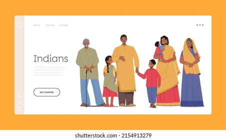 Indians Landing Page Template. Happy Indian Family Young and Old Male and Female Characters Parents, Grandparents and Kids Wear Traditional Clothes. Cartoon People Vector Illustration