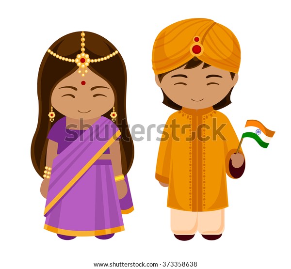国旗を持つ民族衣装を着たインド人 伝統衣装を着た男女 漫画のキャラクター のベクター画像素材 ロイヤリティフリー