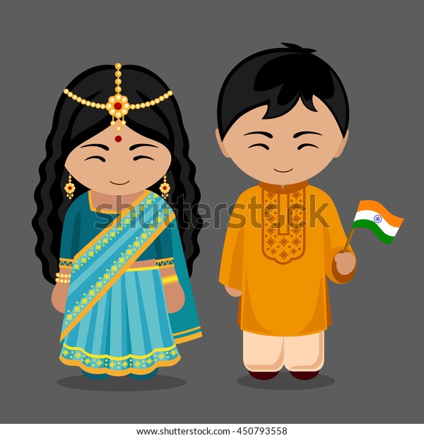 国旗を持つ民族衣装を着たインド人 伝統衣装を着た男女 インドへ旅行 人 インドへようこそ ベクターフラットイラスト のベクター画像素材 ロイヤリティフリー