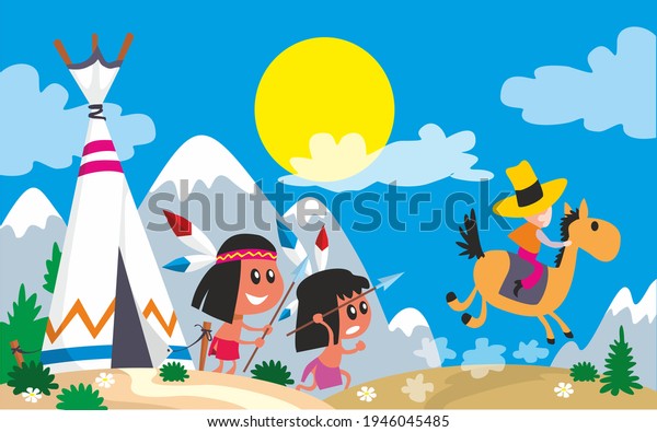 Indians near the wigwam and a cowboy on a horse. Vector illustration, children's picture for games, wallpaper, cover, design.