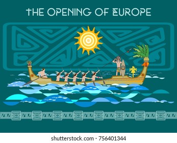 Indians on a large kayak. Vector illustration of the discovery of Europe by the Aztec tribes.