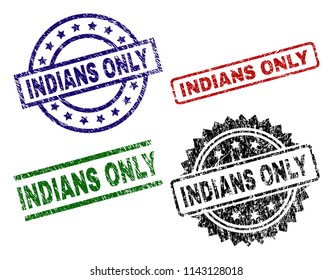 INDIANS ONLY seal stamps with corroded surface. Black, green,red,blue vector rubber prints of INDIANS ONLY tag with corroded surface. Rubber seals with round, rectangle, rosette shapes.