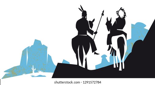  Indians are riding horse in western america landscape, vector illustration