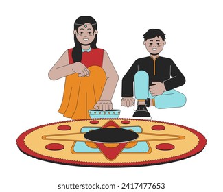 Indians siblings making rangoli 2D linear cartoon characters. Sister brother isolated line vector people white background. Hindu festival of lights Deepawali custom color flat spot illustration