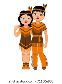 Indians for Thanksgiving Day. Girl and boy in traditional clothes. Vector Illustration.
