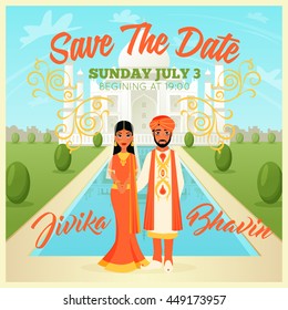 Indians wedding couple invitation poster on background with taj mahal flat vector illustration
