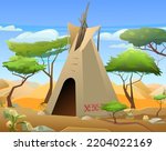 Indians wigwam hut made of felt and skins. Among trees. North American tribal dwelling. Traditional home of nomadic peoples. Vector