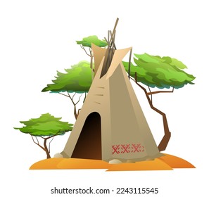 Indians wigwam hut made of felt and skins. North American tribal dwelling. Traditional home of nomadic peoples. Isolated on white background Vector