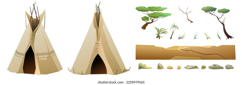 Indians wigwam hut made of felt and skins. Set with stones and trees. North American tribal dwelling. Traditional home of nomadic peoples. Isolated on white background Vector.