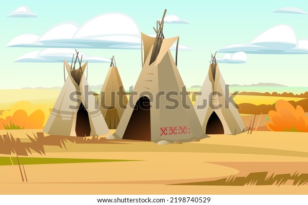 Indians wigwam hut made of felt and skins. Autumn\
landscape.. North American tribal dwelling. Traditional home of\
nomadic peoples.\
Vector.