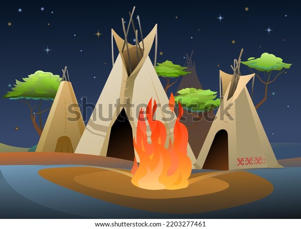 Indians wigwam hut made of felt and skins. Night
landscape with fire. North American tribal dwelling. Traditional
home of nomadic peoples.
Vector.