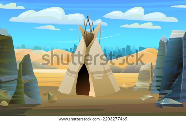 Indians wigwam hut made of felt and\
skins. Far away is horizon of modern city. North American tribal\
dwelling. Traditional home of nomadic peoples.\
Vector.