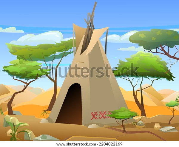 Indians wigwam hut made of felt and skins. Among\
trees. North American tribal dwelling. Traditional home of nomadic\
peoples. Vector