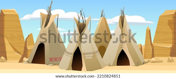 Indians wigwam hut made of felt and skins. In\
desert rocky area. North American tribal dwelling. Traditional home\
of nomadic peoples.\
Vector.