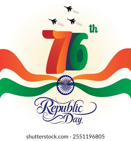 India's 76th Republic Day with the Tricolor background Ashoka Chakra at the center three fighter jets symbolizing military strength and festive Republic Day text