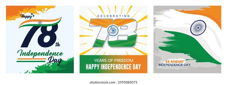 India's 78th independence anniversary. Indian flag with Ashoka Chakra.  Text with Indian flag colors. Independence Day India concept. Set flat vector illustration.