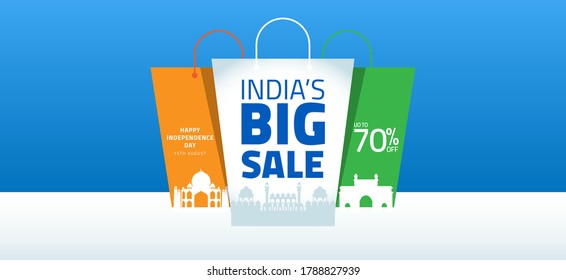 India's big sale for independence day. Freedom sale up to 70% Off design template. Concept for Independence day promo.