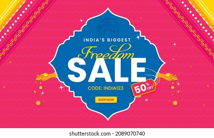 India's Biggest Freedom Sale Banner Design With 50% Discount Tag, Flowers Falling From Female Hand On Pink And Blue Background.