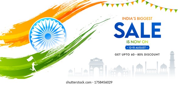 India's Biggest Sale Banner Design with 60-80% Discount Offer, Famous Monuments, Ashoka Wheel, Saffron and Green Brush Stroke on White Background.