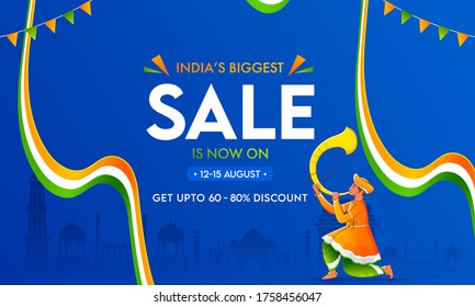 India's Biggest Sale Banner Design with 60-80% Discount Offer, Tutari Player and Indian Wavy Ribbon on Blue Famous Monuments Background.