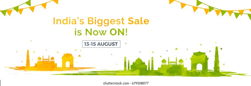 India's Biggest Sale website banner design with illustration of famous monuments for Independence Day.