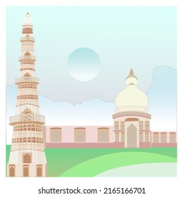 India's Capital Delhi Famous Mughal Empire Kutub Minar Illustration.
