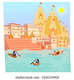 India's Famous Landmark Temple Banaras Ghat Illustration.