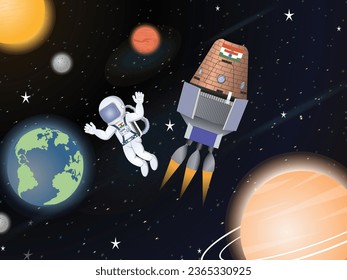 India's Gaganyaan Illustration with Astronaut Moving in Space in the Midst of Planets 