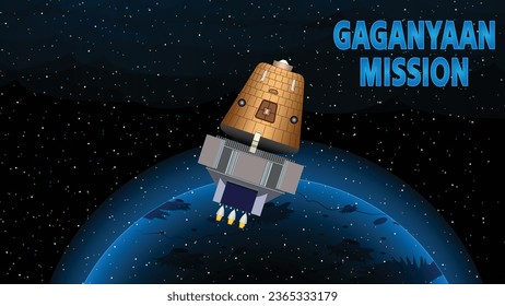 India's Gaganyaan Mission Illustration with Spacecraft Moving into Space 