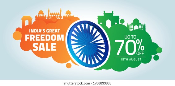 India's great freedom sale concept for independence day. Tricolor sales  creative concept with monuments. Orange white and green color sale layout.