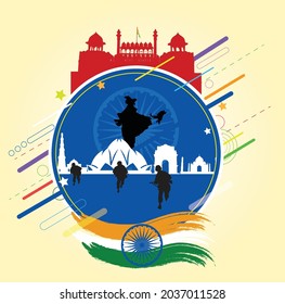 India's historical buildings illustrations, Freedom fighters of an Independent country, Vector Silhouette of a nation