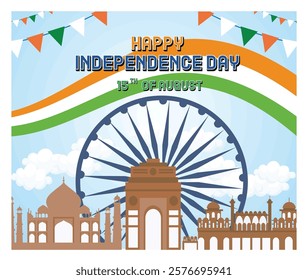 India's Independence Day featuring national landmarks, vibrant accents, and festive decorations symbolizing unity and patriotism. Flat vector modern illustration 