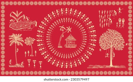 Indiens freudiges Leben: Warlisches Gemälde, das Glück und Harmonie hervorbringt. Bäume und ein lebendiger Himmel. Baum-Warli-Malerei, Tapete-Illustration, Warli-Kunst, Vektorgrafik. Warli Kunstmalerei-Feier im Stamm