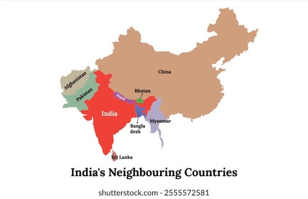 India's Neighboring Countries  |  India shares borders with seven countries: Pakistan, China, Nepal, Bhutan, Bangladesh, Myanmar, and Sri Lanka.