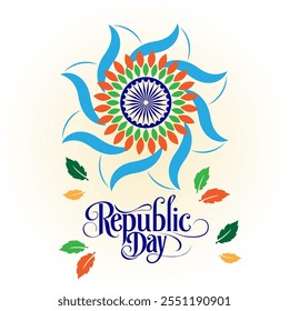  India's Republic Day with the Ashoka Chakra surrounded by colorful petals symbolizing cultural diversity festive Republic Day text and vibrant scattered leaves






