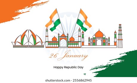 India's Republic Day image with waving flags, iconic landmarks 26 January and Happy Republic Day text and a vibrant tricolor brushstroke background