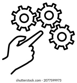 Indication of the problem, gear mechanism, hand pointing finger. Control over the work. Repair of the clock mechanism. Vector icon, outline, isolated. Editable stroke.