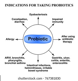 Indications for taking probiotics. Infographics. Vector illustration on isolated background.