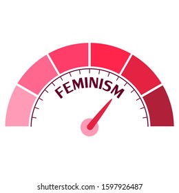 Indicator with arrow from pink to dark pink. The measuring device icon. Feminism word.