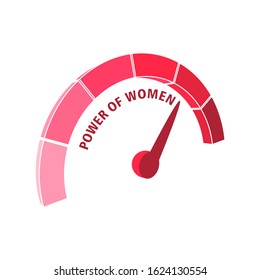 Indicator with arrow from pink to dark pink. The measuring device icon. Power of women text.