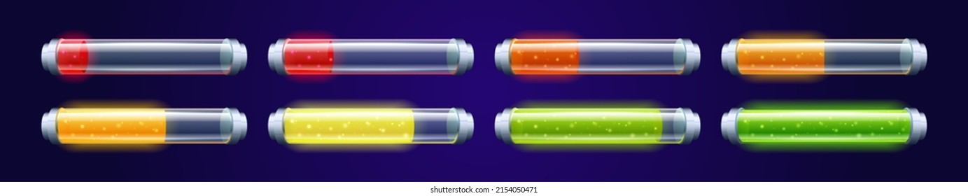 Anzeige der Batterieladung. Vektorrealistische Illustration von roten, orangefarbenen und grünen Glasbehältern. Fortschritte beim Aufladen von Mobiltelefonen-Energie von niedrig bis hoch