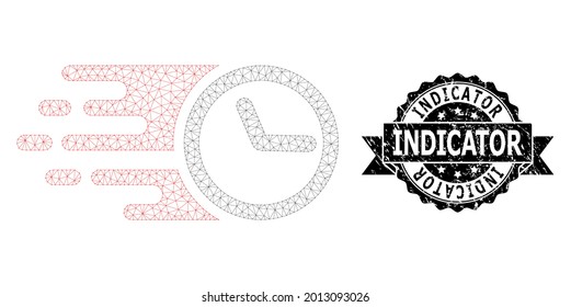 Indicator corroded seal imitation and vector clock mesh model. Black stamp seal includes Indicator title inside ribbon and rosette. Abstract flat mesh clock, built from flat mesh.