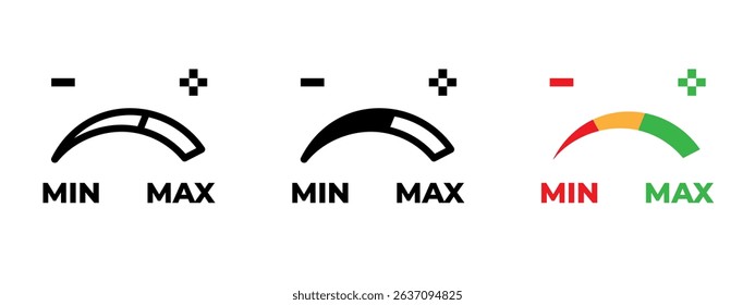 Indicator gauge icon. Semicircular scale with needle pointing between min and max vector illustration. Used in dashboards, performance or energy level display symbol. Measurement tool pictogram.