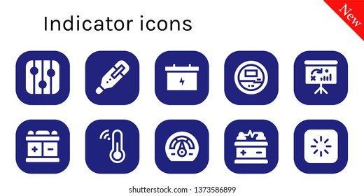 indicator icon set. 10 filled indicator icons.  Collection Of - Levels, Thermometer, Battery, Voltmeter, Dashboard, Speedometer, Loading